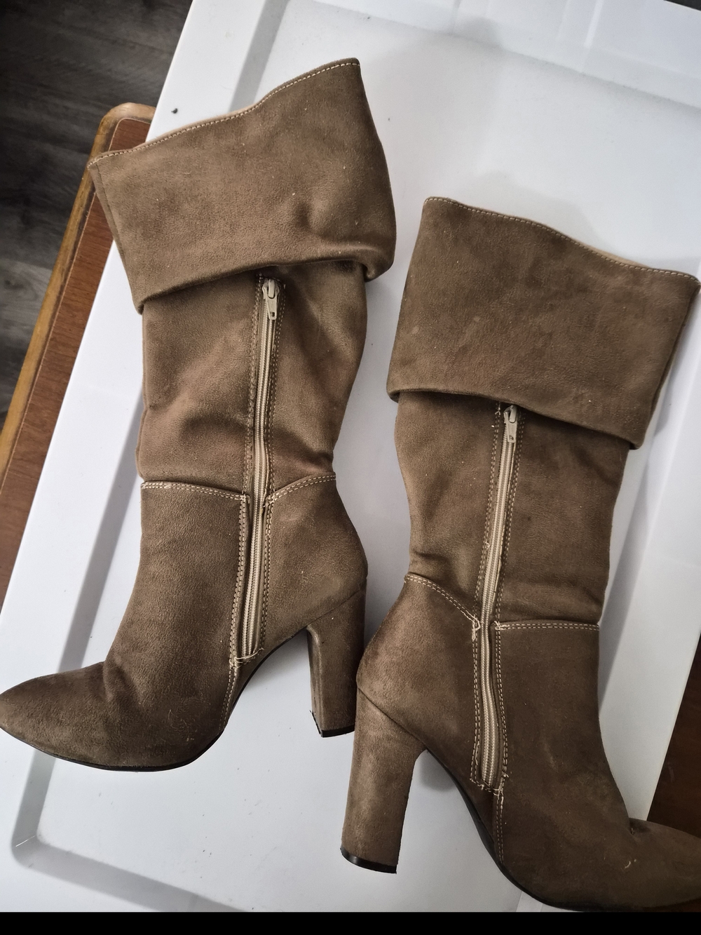 Fold-Over Suede Mid-Heel Boots in Brown